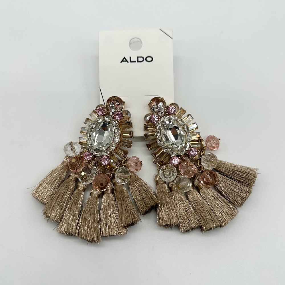 ALDO Statement Tassel Earrings Crystal & Pink Gem Embellished Drop Earrings, New